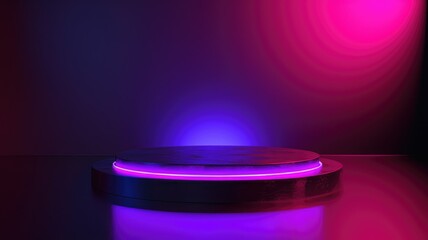 Circular stand with pink and blue neon lights - A tastefully designed circular stand enhanced with a pink and blue neon lighting aura, perfect for product placement or exhibition