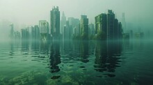 A Submerged City Skyline Representing The Consequences Of Global Warming And Sea Level Rise On Coastal Communities And Infrastructure.