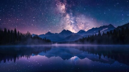 Wall Mural - A beautiful night sky with a lake and mountains in the background. The stars are shining brightly and the sky is a deep blue color. The scene is peaceful and serene