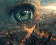 Within a city of floating islands, a gigantic floating eye observes the bustling streets below, its gaze full of mystery and wonder Surrealism, photography, Golden hour lighting,