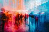 Fototapeta Londyn - Blurred crowd in a business hall, representing the rush of urban life and commerce