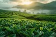 Misty sunrise over an organic tea plantation with neat rows of bushes.