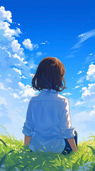 Wall Mural - Hand drawn illustration of a girl sitting on the grass under the blue sky in spring