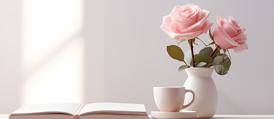 Poster - A beautiful arrangement of pink roses in a vase placed next to an open book on a wooden table