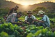 Farm workers sit together in a field, preparing a meal during sunset.