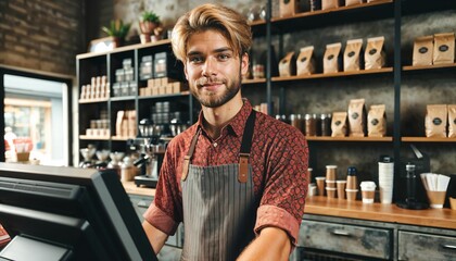 Wall Mural - Young attractive barista serving customers at a cash register in a hip coffee shop
