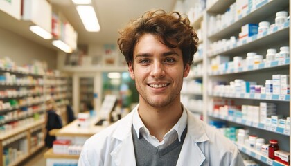 Poster - Portrait of a handsome male pharmacist posing in a drugstore with shelves of medicine