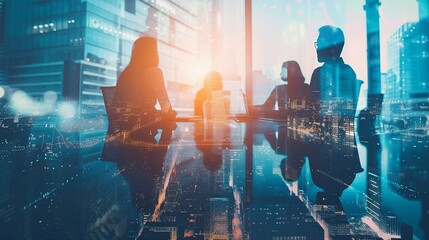 Silhouetted figures in a meeting with a double exposure of innovative solutions, highlighting the collaborative effort to solve industry challenges