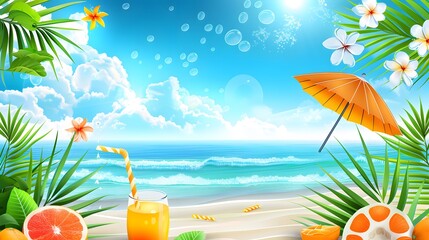 Wall Mural - summer background with fresh drink and fruit