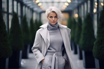 Wall Mural - A monochromatic gray outfit featuring a wool coat, creating a chic and understated winter look. Woman fashion christmas.