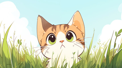 Hand drawn cartoon illustration of cat looking at the sky on the grass in summer