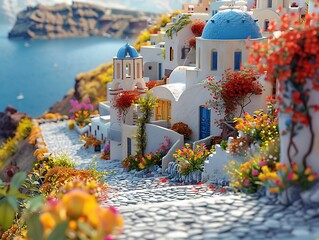 Santorini streets with windows and houses and flowers with tilt-shift miniature effect