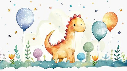 Dino-mite Birthday Bash: Colorful Balloons for a Cute Watercolor Dinosaur Illustration on White Background - Perfect for Children's Greeting Cards, Posters, and Banners!