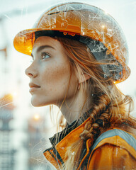 Wall Mural - A woman wearing a yellow helmet and orange jacket