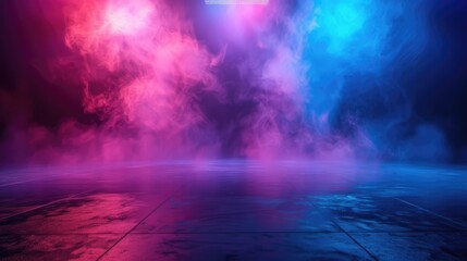 the dark stage shows empty dark blue purple pink background neon light spotlights the asphalt floor and studio room with smoke float up the interior texture for display products 