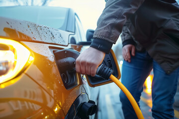 A man is plugging in his car to charge it