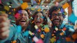 happy diverse employees team celebrating success business achievement among confetti in modern office business success concept 
