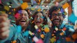 © hisilly - happy diverse employees team celebrating success business achievement among confetti in modern office business success concept