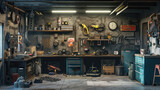 Fototapeta Londyn - Garage Interior,  Interior Garage Scene with Mechanic Tools