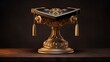 A graduation cap on top of a golden, ornate pedestal.