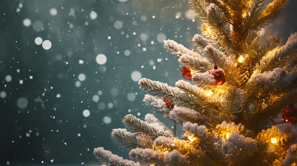 Wall Mural - Christmas background with pine branches and bokeh lights