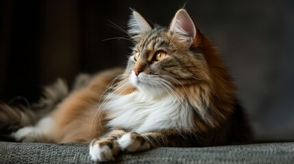 A beautiful Norwegian Forest Cat lies and rests in the apartment on a dark background