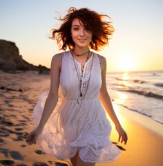 Canvas Print - Beautiful woman walking on the beach under sunset