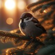  Sparrow sits on a fir branch in the sunset light.