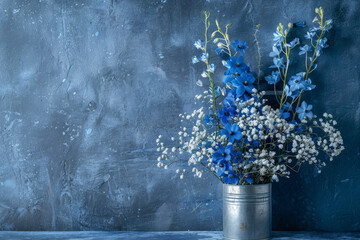 Wall Mural - A composition of blue delphiniums and white baby's breath, placed in a tin can on a blue wall.