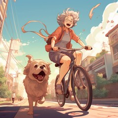 girl riding a bicycle and small dog running after it, fun and active anime cartoon style