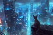 A small cat is sitting up high and looking down at the futuristic city at night