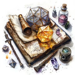 Wall Mural - D20 Dice Encircled by Wizard's Gear: Spellbook, Wand, Arcane Focus