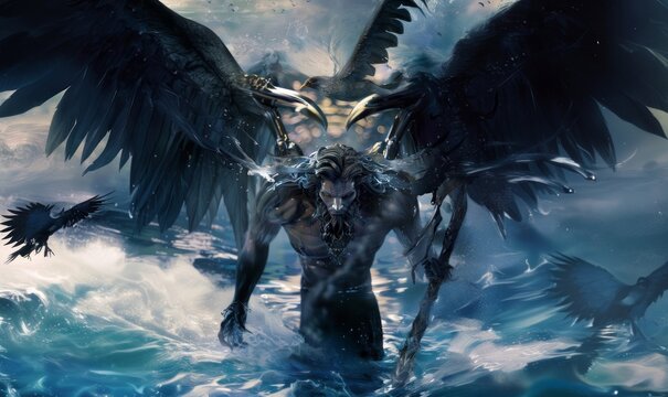 The dark god with wide dark wings stepped up from the deadly river
