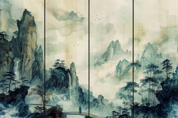 Wall Mural - A misty mountain landscape painted across four panels. Bamboo groves cling to rocky cliffs, disappearing into the clouds.