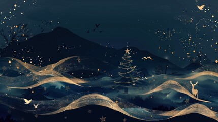 front view dark blue wallpaper mural of a contemporary era christmas tree, mountains, reindeer, bird