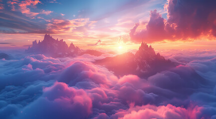 Wall Mural - Silhouetted mountains under a dreamy pink sky with fluffy clouds at sunset,ai generated