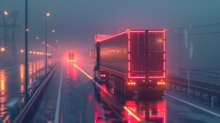 driving a Truck on the highway in the rain. Generative AI.