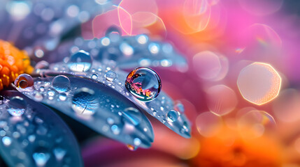 Water droplets, capturing abstract and intricate details on various surfaces