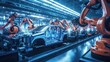 Automated robotics futuristic electric cars factory production line as wide banners with statistics