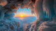 The interior of ice caves during the golden hour, capturing the ice formations illuminated by the warm hues of the setting sun