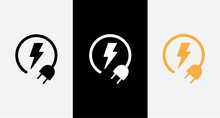 Vector Illustration Of Lightning Bolt Icon With Plug Isolated On White Background. Saving Electricity Icon.
