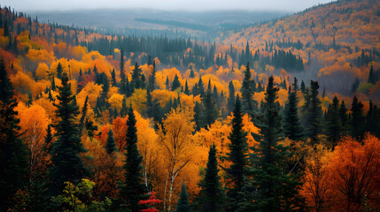 Wall Mural - boreal forests during the autumn season, capturing the rich colors of deciduous trees amidst the eve