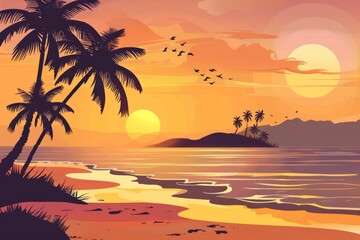 Wall Mural - A mesmerizing wallpaper illustration depicting a serene beach scene during the golden hour, with palm trees silhouetted against, Generative AI