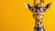 giraffe wearing glasses on yellow background, suitable for animal background and banner.