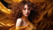 © Usman - Beautiful Japaneese young woman with curly hair in golden dress. Luxury and premium photography for advertising product design