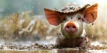 Adorable Farmer Pig With Straw Hat Splashing In Muddy Crops On White Background
