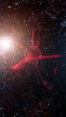 Poster - artistic red nerve cell in digital ai brain vertical animation. concept science background.