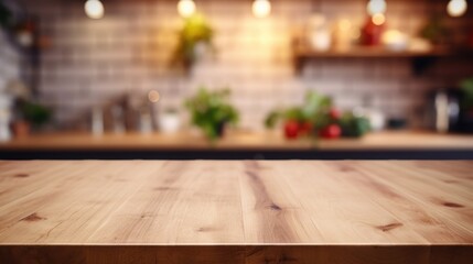 Wooden table on blurred kitchen bench background. Empty wooden table and blurred kitchen background