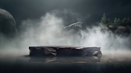 Abstract minimal concept. Dark background with natural granite stones podium on water and smoke surrounding. Mock up template for product presentation. 3D rendering. copy text space