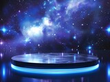 Fototapeta Kosmos - Futuristic Podium in Space: A High-Tech Stage for Product Display and Holographic Projection in the Galaxy